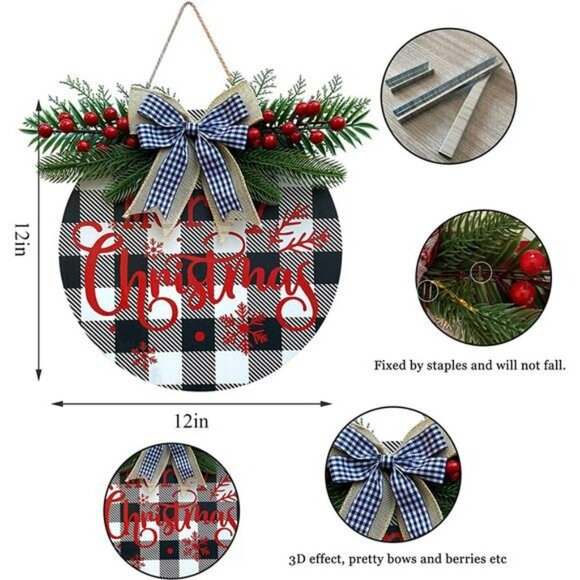 Merry Christmas Wreath for Front Door Buffalo Plaid Christmas Decoration (Black) - Picture 4 of 6